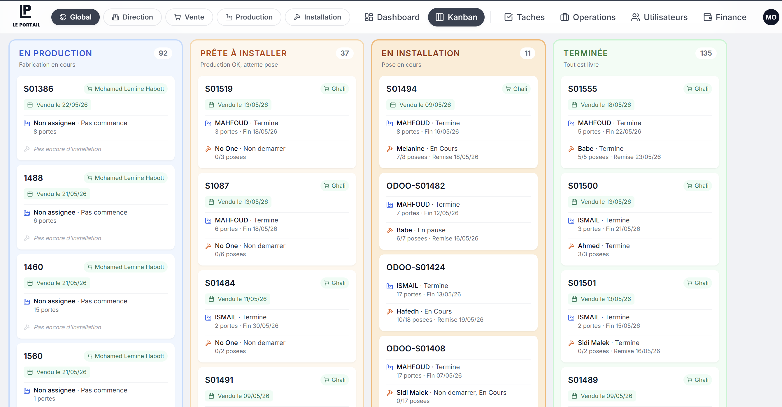 Le Portail — Dashboard de gestion fabrication et pose de portes